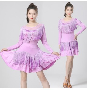 Women girls purple red white lavender tassels latin dance dresses salsa rumba chacha dance fringed costumes for female